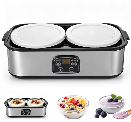 Macchina automatica per yogurt e yogurt, 2000 ml, yogurt maker con 2 contenitori in vetro, temperatura regolabile e timer da 48 ore, per yogurt fai da te, yogurt biologico, formaggio, natto