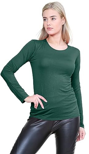 janisramone® Long Sleeve T Shirts Women, Plain Round Neck Breathable Basic Summer Tops for Women UK, Stretchy Slim Fitted Going Out Tops Bottle Green