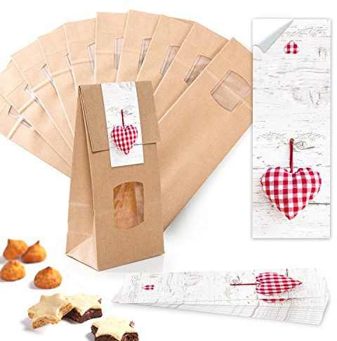 Emballage 10 petits Marron Block Sac à fond plat de sac cadeau avec fenêtre + feuillet cristal Insert 10,5 x 6,5 x 29 cm + 10 autocollants 5 x 15 cm Cœur Rouge Blanc à carreaux, mariage, anniversaire
