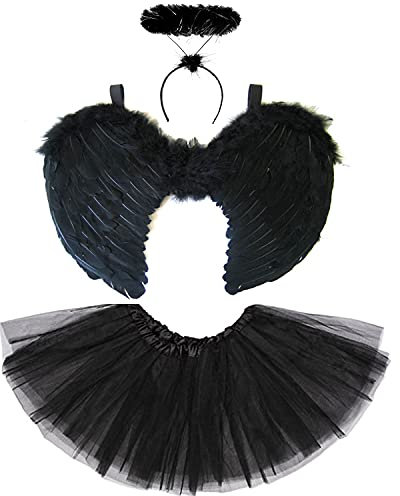 Dark Angel Costume Womens Halloween Outfit - Fallen Black Angel Wings and Halo with Tutu Halloween Costumes for Women - Dark Fairy Black Wings and Halo Adult Fancy Dress Accessories