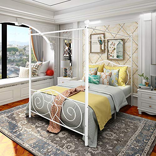Canopy Queen Bed Frame Platform Heavy Duty Steel Slat and Support with Headboard and Footboard No Box Spring Required，White
