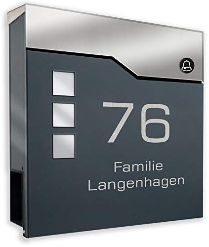 Zalafino Briefkasten mit FUNKKLINGEL ANTHRAZIT RAL 7016 mit Beschriftung - individualisierbarer Design-Briefkasten aus pulverbeschichtetem Stahl mit Zeitungsrolle und 3 Sichtfeldern