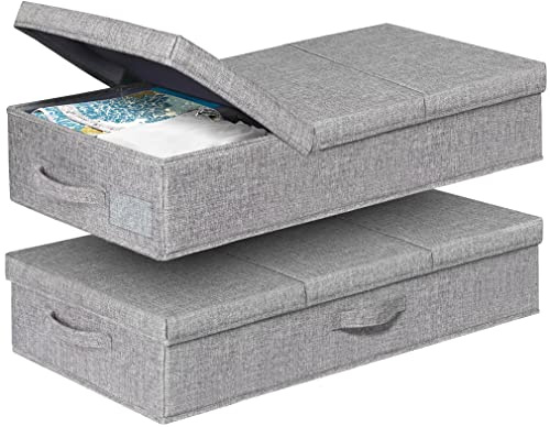 punemi Under Bed Storage With Lids, 2 Pack Large Underbed Storage Containers Clothes W/ 3 Handles, Foldable Low Profile Stackable Drawer Organizer Bins Box for Blanket Shoe Bedroom, 31.1*15.7*6inch