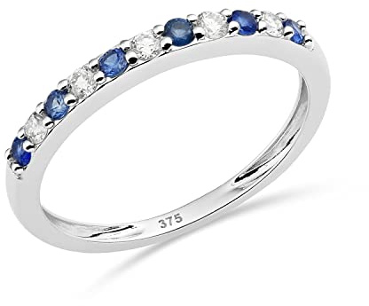 Miore anello eternità con diamanti e zaffiri in oro bianco 9 carati 375 con 5 diamanti naturali 0,12 carati e 6 zaffiri blu naturali 0,18 carati, lunghezza 45 cm