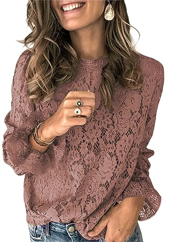ORANDESIGNE Femme Chemisier Dentelle Chemise Victorien à Manche Longue Chemisier Ajouré Top Blouse Renaissance Elégant Vintage Mode Casual Couleur Unie Ample Lace Tunique Shirt B Rose XL