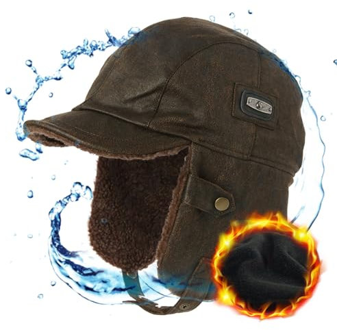 Comhats warme Trappermütze für Herren Kunstleder Hut Unisex Fliegermütze Fellmütze Erwachsenen Männer (88115_Kaffeebraun, XX-Large)