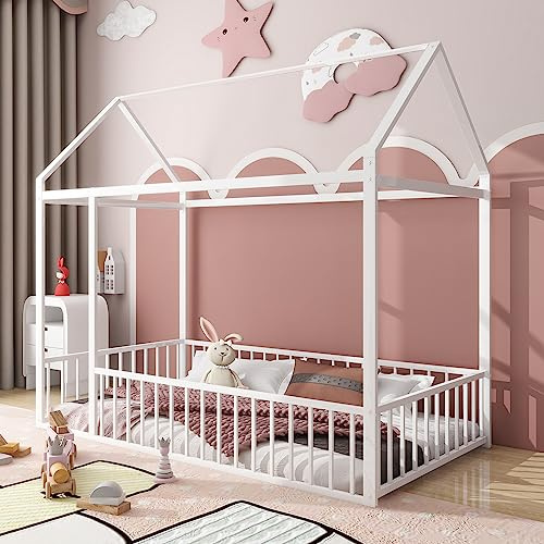 Bellemave Twin Size Montessori Floor Bed, Metal House Bed Framefor Kids, Montessori Floor Beds with Fence, Playhouse for Kids,White