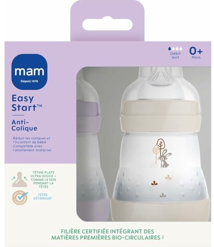 MAM Biberon Easy Start/Anti-Colique - 160ml - Lilas + Sable - Tétine Débit 1 - X2