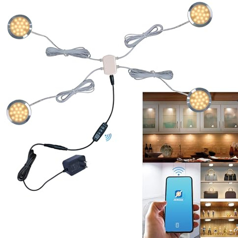 CRISETEK Smart LED Puck Lights with APP Control, Dimmable Cabinet Lighting with Bluetooth, Music Sync and Timer Function, Under Cabinet Lights, DC 12V Adaptor (Silver, Warm White Light, 4Pack)
