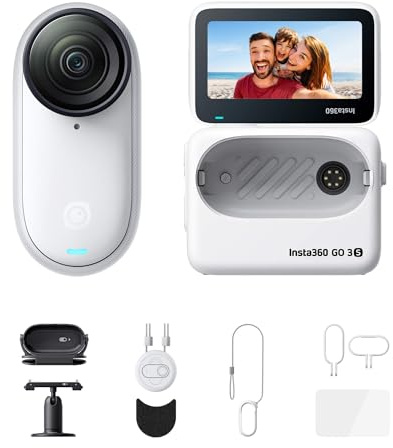Insta360 GO 3S Paquete de Acción - Cámara Vlogging 4K, POV Manos Libres, Móntala Donde Quieras, Estabilización, 140 Min de batería, Impermeable 10 M, Edición IA, Apple Find My, Vlog, Viajes, Blanco