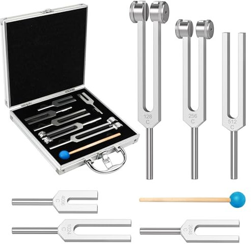 DiDiBirDi Stimmgabel Set, 6 Stück, 128 Hz, 256 Hz, 512 Hz, 1024 Hz, 2048HZ,4096HZ, Chakra-Stimmgabeln für die Yoga, Meditation, Chakra Balance, Entspannung (mit Hammer)