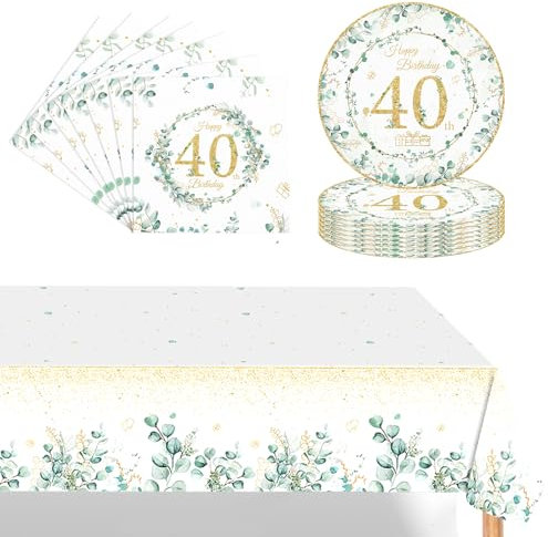 POPOYU Juego de vajilla de 37 piezas de color verde salvia, platos y servilletas de 40 cumpleaños, mantel de 40 cumpleaños, decoraciones de mesa de eucalipto para hombres, mujeres, él, regalos de 40