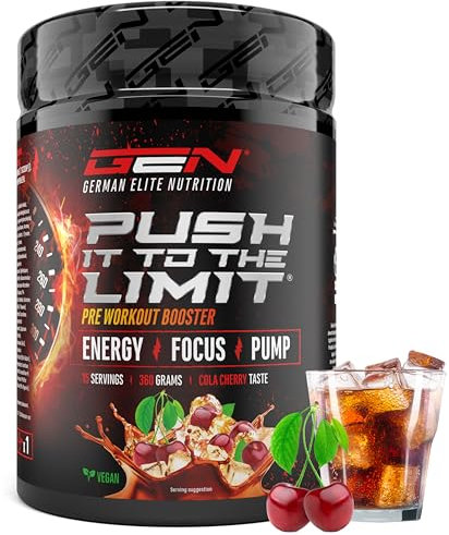Push it to the Limit - Pre Workout avec L-Arginine + Citrulline + L-Tyrosine + L-Théanine + L-Carnitine + AAKG + Taurine + Racine de Rose Rhodiola + Caféine - Haute Dose - 360g - Cola-Cerise