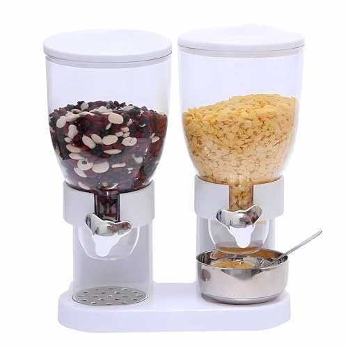 VIIROUD Distributore di cereali doppio, 3,5 l, in plastica, cereali, caramelle, cereali, contenitore per fiocchi d'avena, colazione - Strumenti da cucina, 35 x 34,5 x 20 cm, bianco - 1 pezzo
