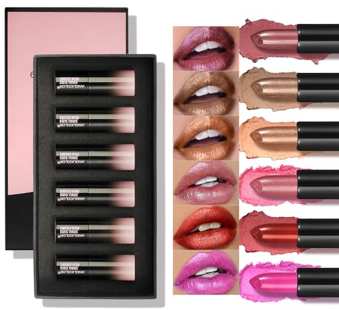 Anglicolor 6 Mini Coffret de Rouge A Levre Pailleté,Métallique Briller Lipstick,Rouge À Levre À Haut Pigment Texture Crémeuse,Rouge À Lèvres Longue Tenue Hydratante-Idéal Cadeau