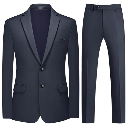 MODFUL Mens Suit Wool Blend 2 Piece Tweed Blazer Jacket Trousers Set Classic Business Casual (Navy Blue, XL)
