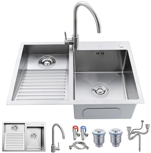 Lavandino per lavanderia in acciaio inox resistente con asse di lavaggio integrato, durevole, per lavaggio a mano, kit di scarico incluso, perfetto per cantina, garage, uso esterno (argento, 70 x 48 x