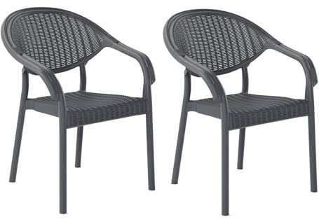 Kastamonu Plastik Silla de Jardín plástico con reposabrazos, Imitación Ratán, Apilable, Silla Exterior, 2 Unidades (Antracita)