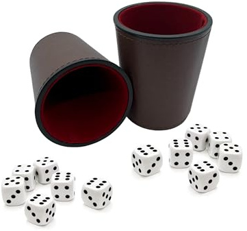 DELALO Lot de 2 gobelets à dés, en cuir synthétique, avec 6 cubes, marron et bordeaux