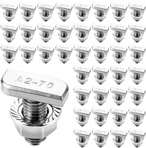 LDXDRU Pack of 48 Hammer Head Screws M10 x 25 Hammer Head Screws with Locking Tooth Nuts Stainless Steel A2-70 Flange Nuts T Screws M10 for PV Solar Mounting Rails Greenhouse and Photovoltaics