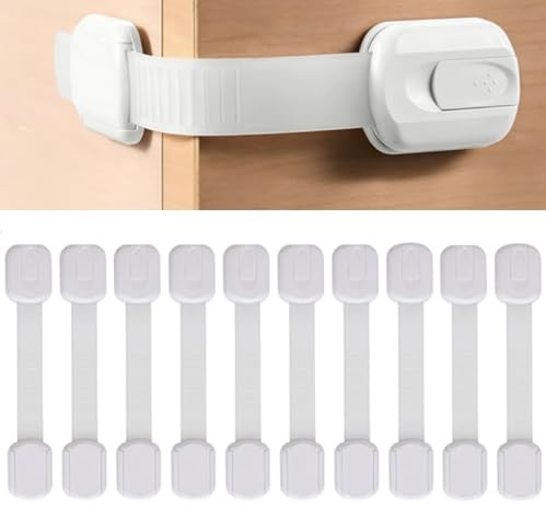 Coiejdoyy Kindersicherung Schrank, Verstellbare Schranksicherung Baby, Schubladensicherung mit Klebeetikett Kein Bohren 10 Stück Baby Sicherheitsschlösser für Schränke, Schutz Sicherung 190mm