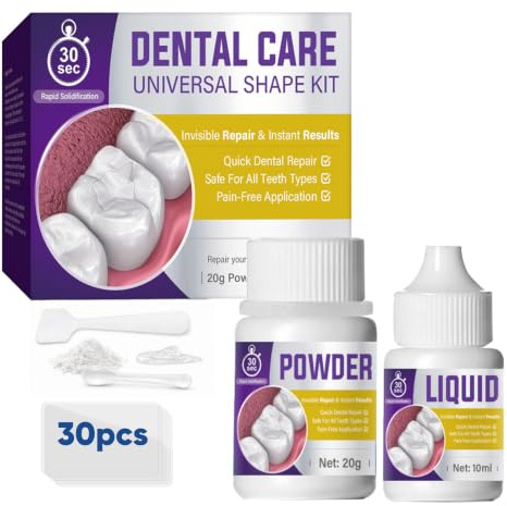 Cemento per Denti, Kit di Riparazione per Denti Rotti o Mancanti, Colla per Denti Finti, con 20 g Polvere e 10 ml Liquido, 30 Volte, Bianco