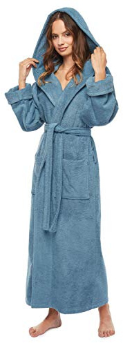 Arus Women's GOTS Certified Organic Cotton Hooded Full Length Turkish Bathrobe, Blue Grey, XL
