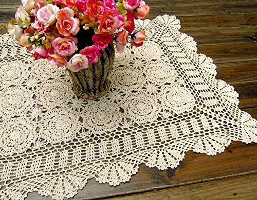 Damanni Rectangular Cotton Handmade Crochet Lace Table Runner Doilies Table Dresser Scarf Décor,19 Inch by 24 Inch，Beige