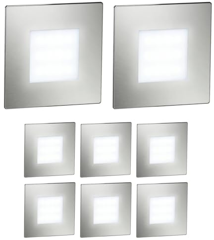 ledscom.de 8x LED-trappbelysning/väggarmatur FEX för inomhus- och utomhusbruk, fyrkantig, rostfritt stål, 85 x 85 mm, kallvitt