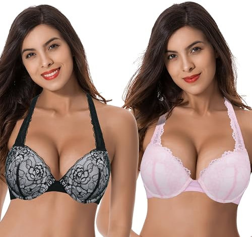 Curve Muse Women's Plus Size Add 1 and a Half Cup Push Up Underwire Convertible Lace Bras-2PK-Black,Pink-40B (EU:90B)-V2