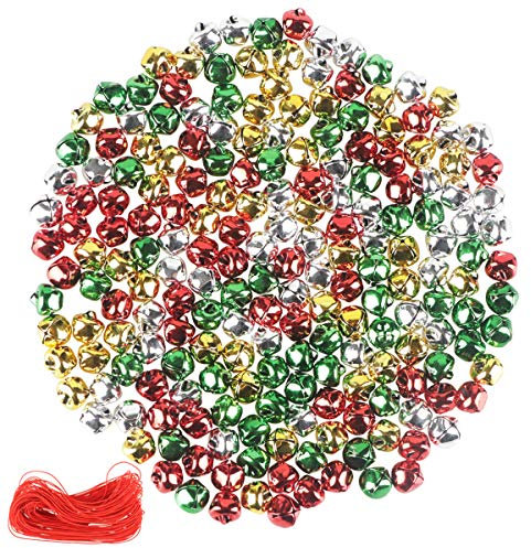 YiYa 200Pcs Christmas Jingle Bells Colorful Craft Bells DIY Bells, for Christmas Festival Decoration Wreath Holiday Home Decoration (1CM, Gold, Silver, Red, Green)