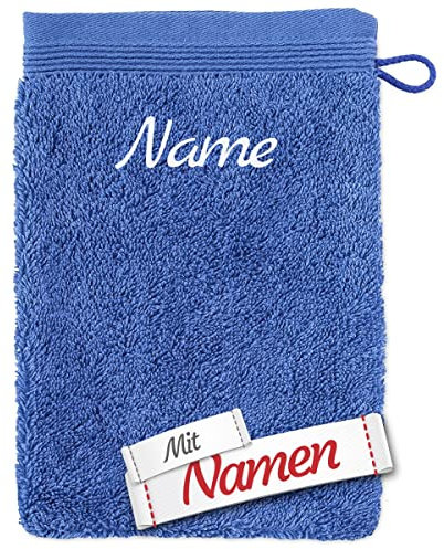 möve Superwuschel Waschhandschuh mit Namen Bestickt, Cornflower Blau Baumwolle Frottee, Waschlappen besticken Lassen, Waschtuch personalisiert