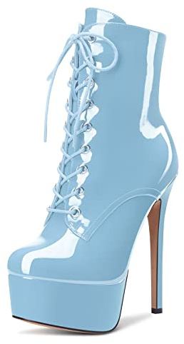 Aachcol Femmes Bottines Plate-forme Aiguille Haut High Talon Heel Rond Bout Dress Chaussures Lacets Vernis Bleu Ciel 16 CM 40 EU