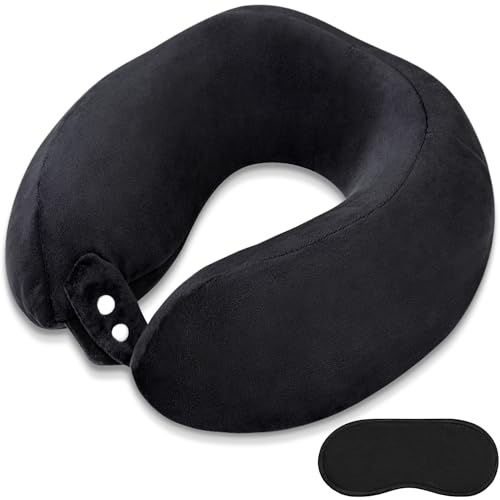 FEUFOAM Travel Pillow Neck Pillow With Velvet Cover Adjustable Airplane Pillow for Travel Sleeping Head and Neck Support Memory Foam Pillows for Adults Train Bus Office Home Black