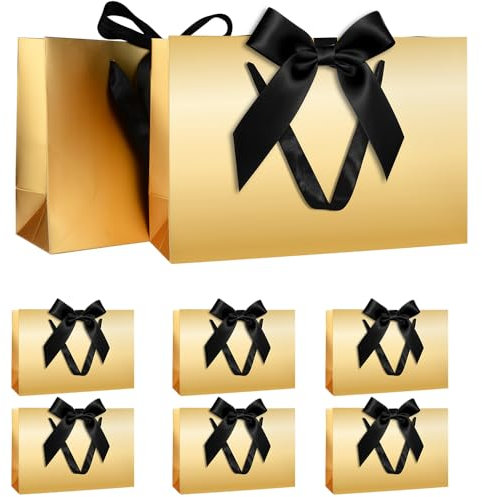 Geschenktüten Set, Gold Geschenktüte mit Schleife Geschenktüte mit Henkel 8 Stück 30x20x10cm Geschenktüten für Weihnachten Geburtstag Hochzeit