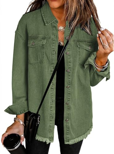 Roskiky Veste surdimensionnée boutonnée pour femme - Ourlet rayé - Manches longues - Poches - Denim - Veste en jean, vert, XXL
