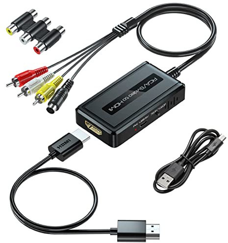 Convertidor RCA/Svideo a HDMI con Interruptor de Salida 720P/1080P, Convertidor Svideo a HDMI, AV Compuesto a HDMI Compatible con VHS/DVD/STB/N64/PS2/Wii