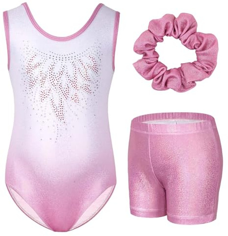 Gogokids Mädchen Drei Teiliges Gymnastikset, Ärmelloser Gymnastikanzug mit Shorts und Haarband, Ballett Tanzender Leotard Gymnastik Outfit mit Funkelnde für Mädchen, Ärmellose Trikots für 5-6 Jahre