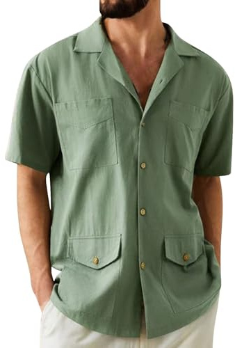 Camicia da uomo a maniche corte in lino, per il tempo libero, colletto cubano, a maniche corte, tinta unita, con tasche, estiva, casual, da uomo, con bottoni, da uomo