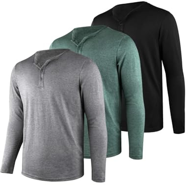 Liloak Mens Long Sleeved Henley T Shirts Pack, Casual Tops for Men with Button Placket, Lightweight Layering Shirts for Holiday Work Weekend