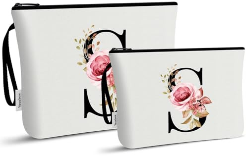 Vavabox 2 Pcs Initial Toiletry Bags Set,Birthday Gifts for Women,Travel Portable Makeup Bag with Handle (S, White)