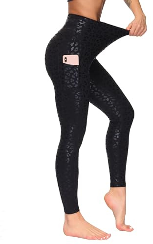 THE GYM PEOPLE Women's High Waist Yoga Pants Soft Tummy Control Athletic Workout Leggings with Deep Pockets Black Leopard