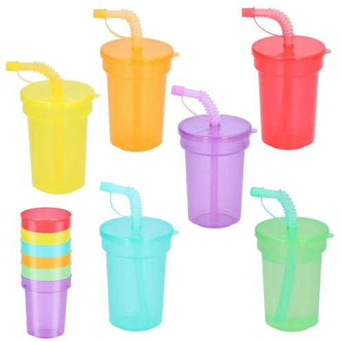 6 Pcs 380ml Kids Plastic Drinking Tumbler Cups, Neon Sipper Cups with Lids & Straw, BPA Free Reusable Childrens Plastic Cup, Iced Water Drinking Cup, Smoothie Cup Travel Mugs for Travel Trip School