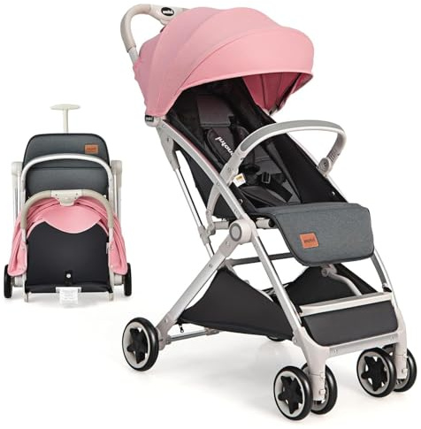 Foldable Baby Stroller, Lightweight Toddler Travel Pushchair for Airplane, Compact Infant Buggy with 5-Point Harness, Adjustable Backrest Footrest Canopy, Storage Basket (Coral Pink)