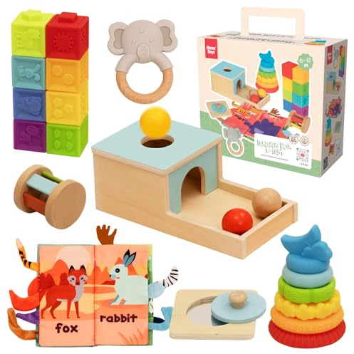 Nene Toys Giocattoli Montessori per Bebè 6–12 Mesi – Giochi Educativi Sensoriali in Legno – Scatola della Permanenza, Torre da Impilare, Libro in Stoffa, Massaggiagengive, Sonaglio & Blocchi Morbidi