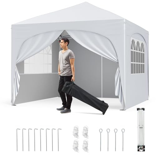 COSTWAY Gazebo Piehevole da Esterno 3 x 3 m, Gazebo Regolabile in Altezza con Pareti Rimovibili, Borsa con Ruote, Picchetti, Ancoraggi, Corde Vento e Sacchi di Sabbia, Tendone per Giardino (Bianco)