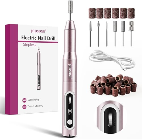 JODSONE Professional Nail Drill 30000 RPM Low Noise with Speed Control Slide Button and 6 Replacement Drill Bits ,Manicure Pedicure Tools for Home Salon Use