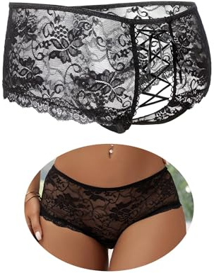 sunshinelady Spitze Tanga Damen Unterhosen Große Größen Sexy Unterwäsche Ouvert Slip Frau Höschen Panty Transparent String Low Rise Dessous Curvy Hipster Open Thong Lingerie Underwear Schwarz M-L