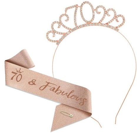 KBSICWO 70 Ans Couronne Anniversaire Écharpe, Echarpe Couronne Anniversaire, Or Rose Sash Diadème pour Femme Fille 70e Anniversaire