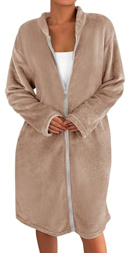YOSUWOAI Bata para mujer, mullida, bata monocolor, con cremallera, ropa de dormir, para otoño e invierno, bata de sauna, de franela, bata de baño cálida, O Khaki, L